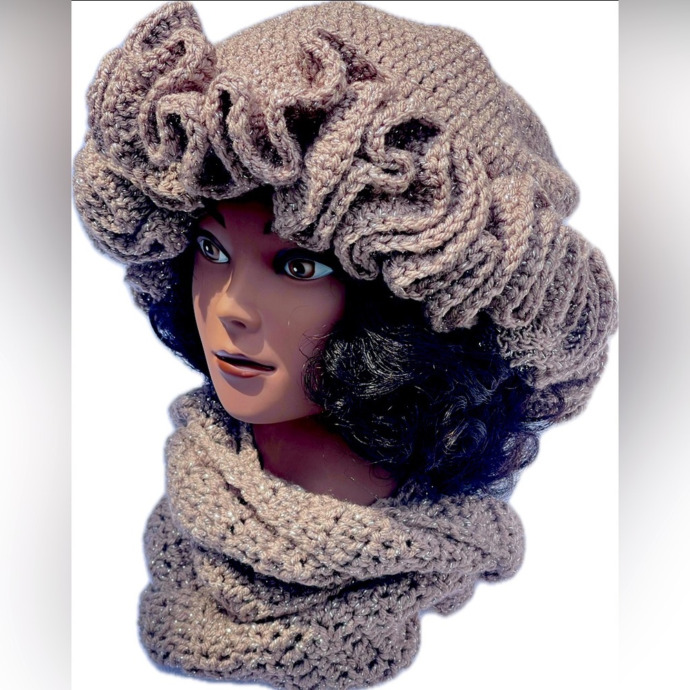 Taupe Sparkle crochet Ruffle hat & Infinity Scarf Handmade 🥰